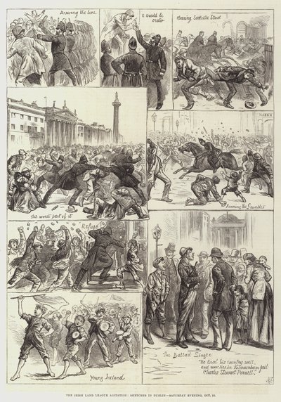 De Ierse Land Liga agitatie, schetsen in Dublin, zaterdagavond, 15 oktober door Harry Furniss